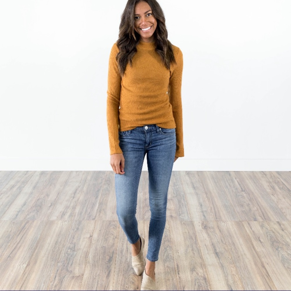 Mock neck long sleeve top in turmeric gold